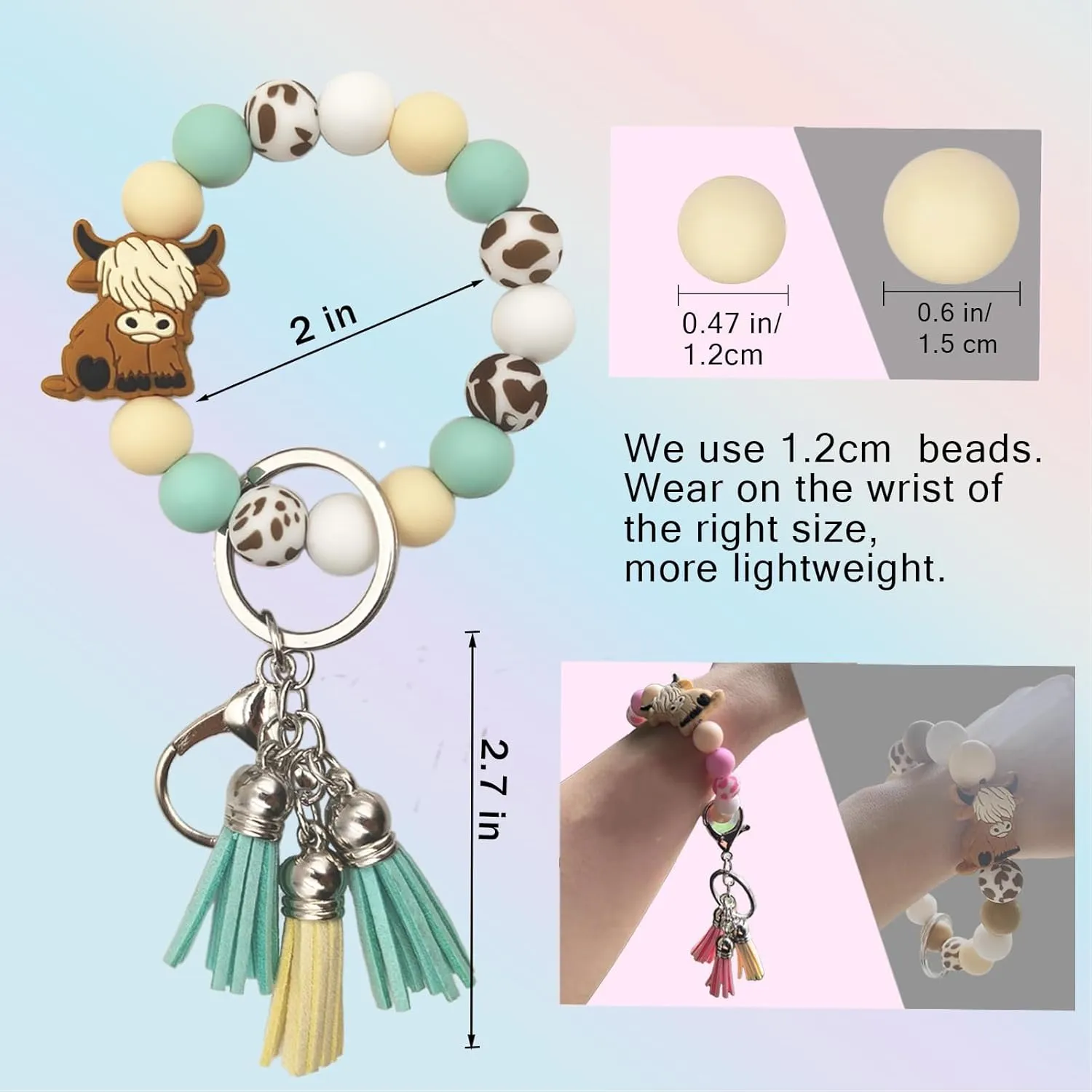 Silicone Keychains Bracelet for Women Girls,Beaded Key Ring Wristlet for Car Keys,keyChain with Leather Tassel