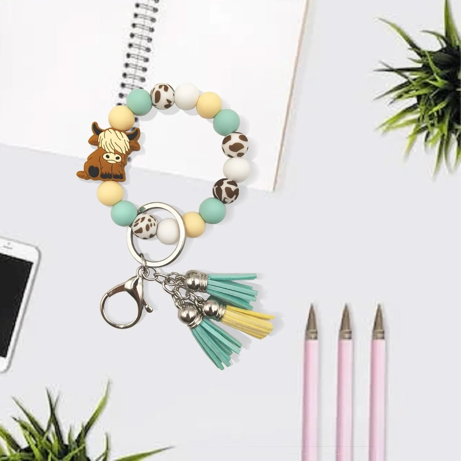Silicone Keychains Bracelet for Women Girls,Beaded Key Ring Wristlet for Car Keys,keyChain with Leather Tassel
