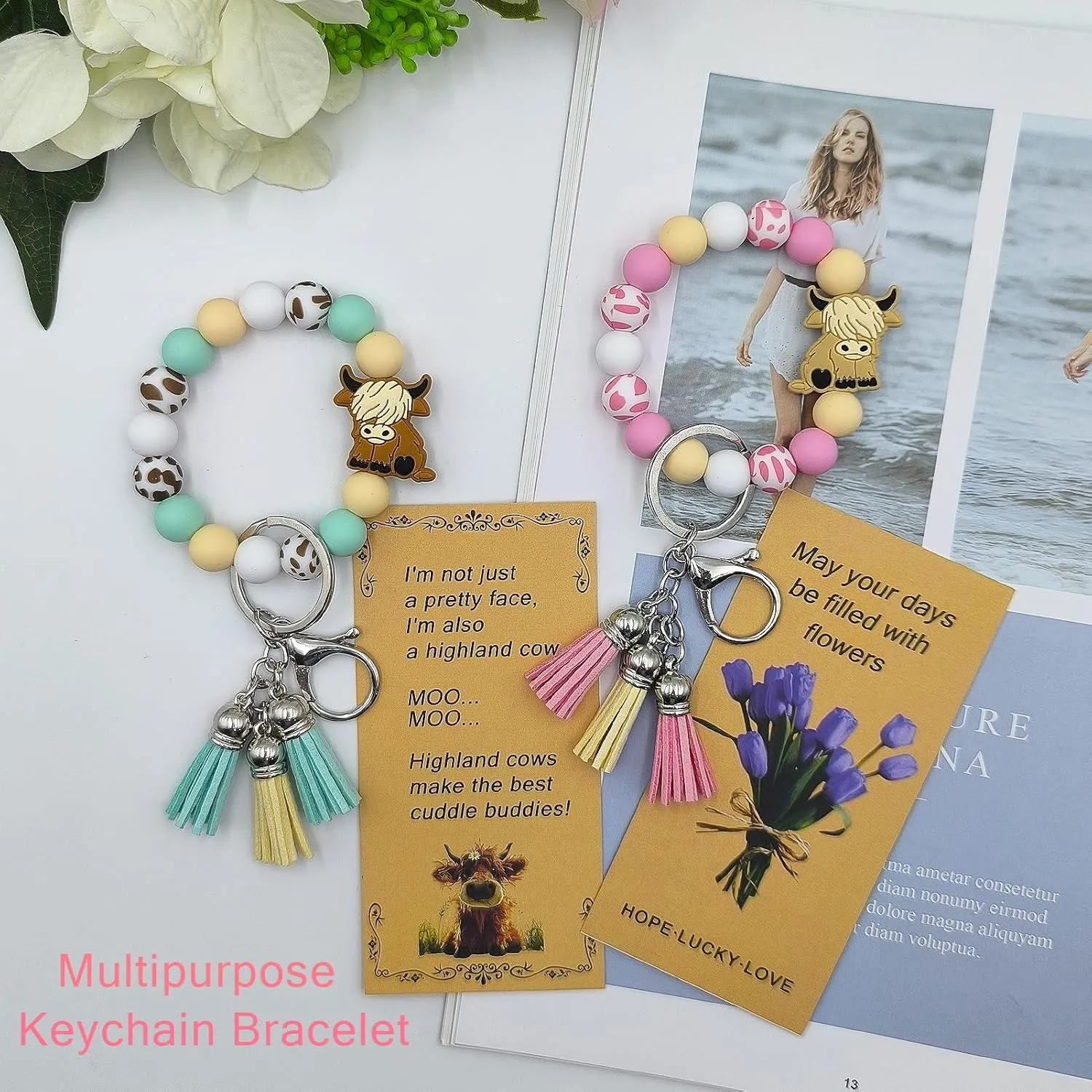 Silicone Keychains Bracelet for Women Girls,Beaded Key Ring Wristlet for Car Keys,keyChain with Leather Tassel