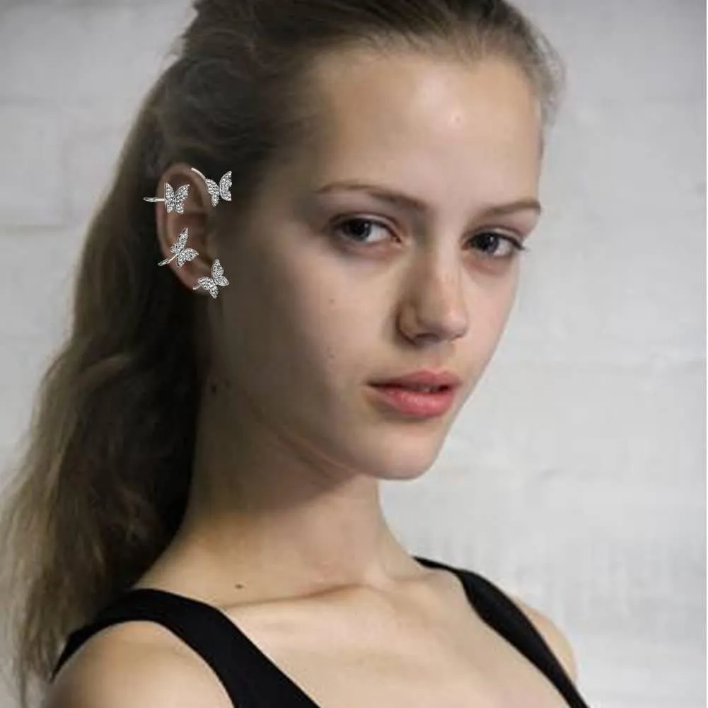 Silver Gold Butterfly Earrings for Women Butterfly Ear Cuff Wrap Crawler Earrings Right Left No Piercing Ear Clip
