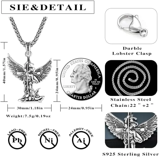 Silver Necklaces for Women Men Jewelry Gifts Saint Necklace Amulet Archangel Medal Pendant Religious Protector Retro Effect
