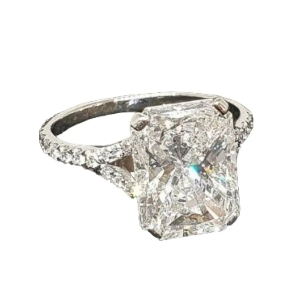 SilverDia 3 Ct Radiant Cut Diamond Classic Split Shank Engagement Ring For Women 14K White Gold Plated Wedding Ring 925 Sterling Silver Handmade Customized Anniversary Ring Pretty Gift For Her