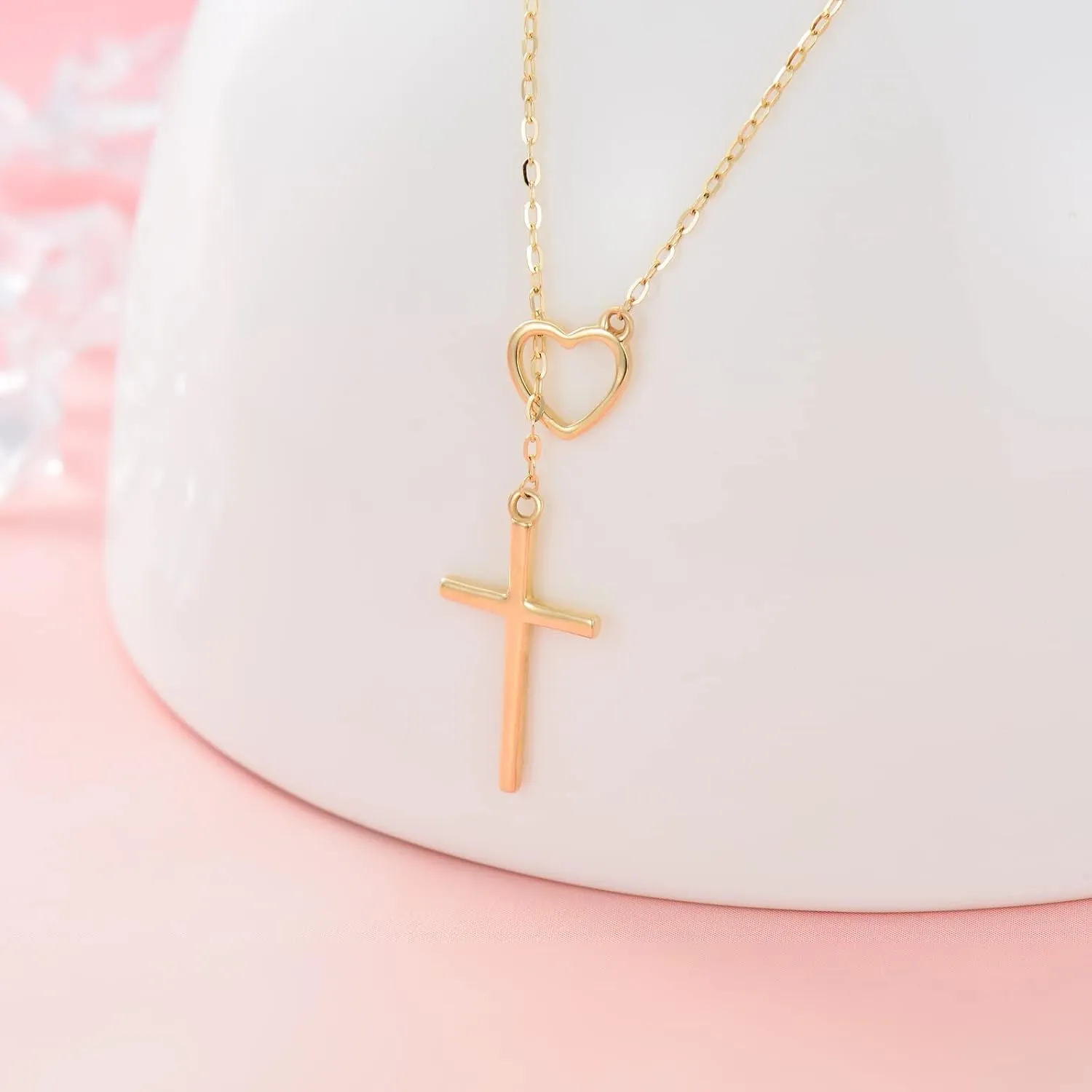 SISGEM 14K Real Gold Cross Necklace for Women,Yellow/White Gold Small Heart Cross Y-Necklaces,Anniversary Birthday Jewelry Present for Wife Mom 16'' 2''
