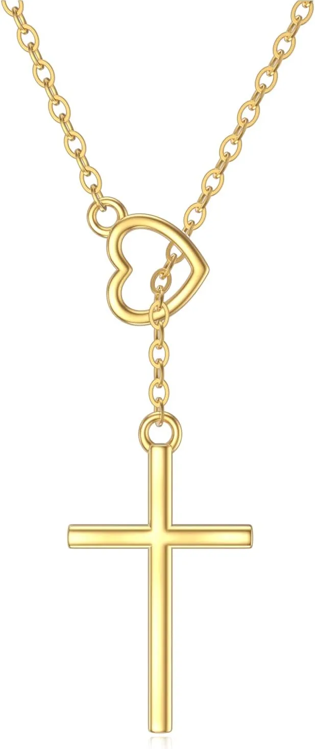 SISGEM 14K Real Gold Cross Necklace for Women,Yellow/White Gold Small Heart Cross Y-Necklaces,Anniversary Birthday Jewelry Present for Wife Mom 16'' 2''