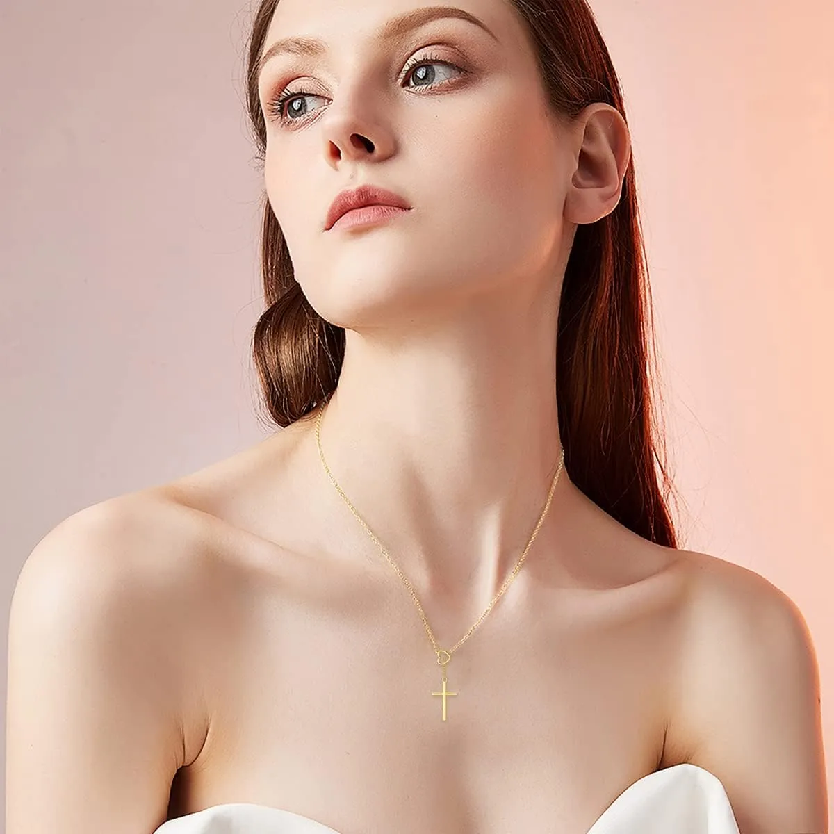 SISGEM 14K Real Gold Cross Necklace for Women,Yellow/White Gold Small Heart Cross Y-Necklaces,Anniversary Birthday Jewelry Present for Wife Mom 16'' 2''