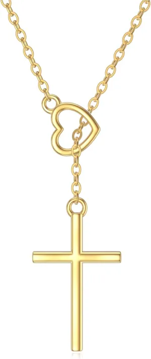 SISGEM 14K Real Gold Cross Necklace for Women,Yellow/White Gold Small Heart Cross Y-Necklaces,Anniversary Birthday Jewelry Present for Wife Mom 16'' 2''