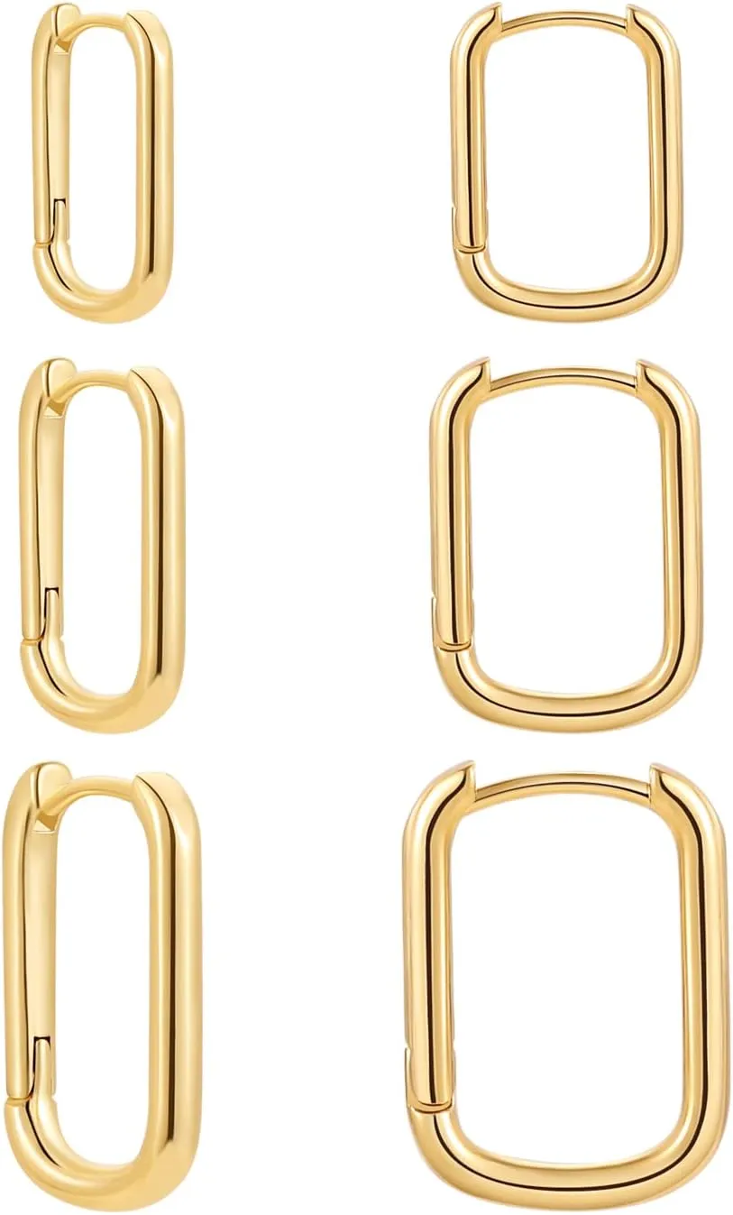 Sloong 3pairs Hoop Earrings Set 14K Gold Plated Lightweight Hypoallergenic Chunky Square Star Heart Twist Hoop Earrings Gold Rectangle Earring for Women Gift