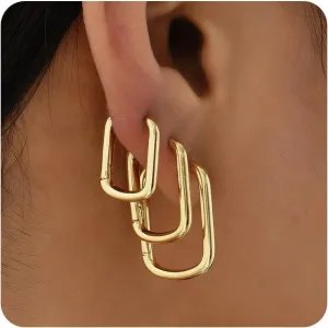 Sloong 3pairs Hoop Earrings Set 14K Gold Plated Lightweight Hypoallergenic Chunky Square Star Heart Twist Hoop Earrings Gold Rectangle Earring for Women Gift