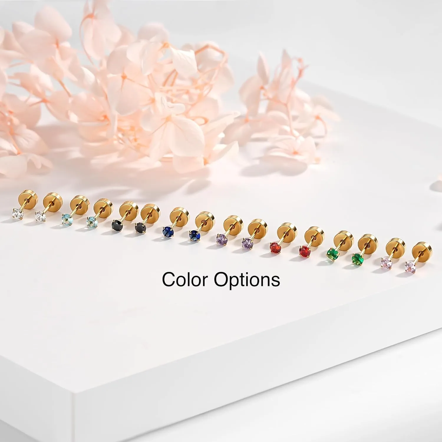 Small Gold Stud Flat Back Earrings for Women 14k Gold, Hypoallergenic Flatback Cartilage Earring Stud, Helix Conch Tragus Piercing Jewelry, Screw Back Tiny Earrings Studs (Gold, Green Emerald)