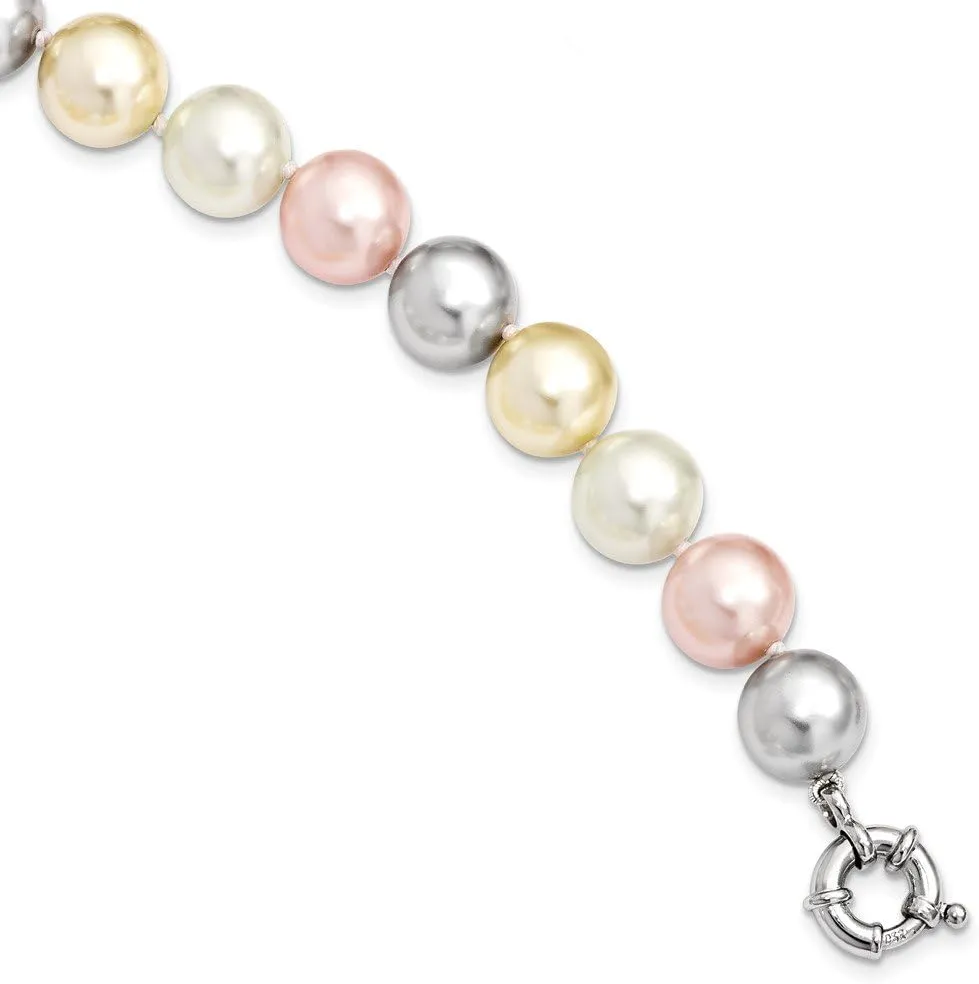 Solid 925 Sterling Silver 12-13mm Multi-Color Imitation Shell Pearl Bracelet
