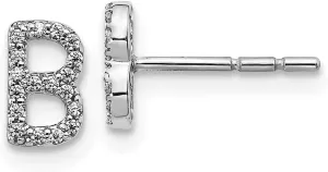 Solid Real 14k White Gold Diamond Initial Letter B Button Post Studs Earrings - 7mm x 5mm (.108 cttw.)