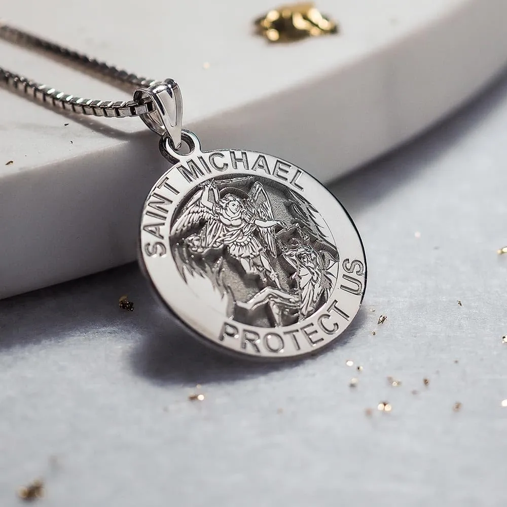 St Michael Necklace Catholic Saint Michael Pendant Round Pendants for Women & Men Crafted in 14K Yellow or White Gold & Sterling Silver Christian Gifts for Men & Women or First Communion Gifts for Boys or Girls
