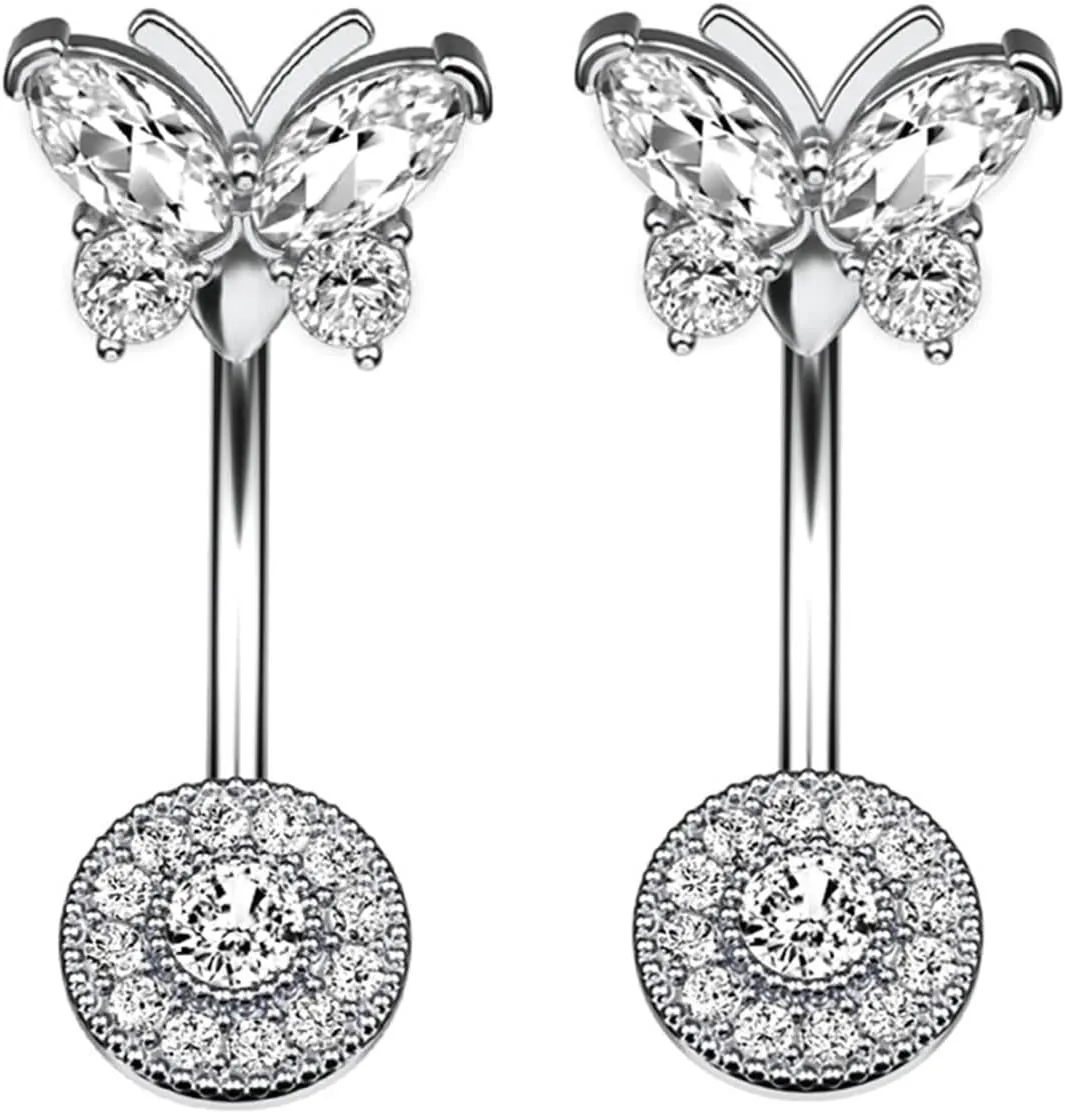 Stainless Steel Belly Rings, 2Pcs Dangling Navel Rings for Women Cubic Zirconia Studs 14G Hanging Belly Button Rings Butterfly