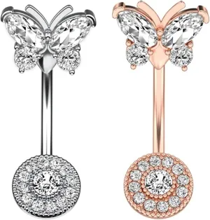 Stainless Steel Belly Rings, 2Pcs Dangling Navel Rings for Women Cubic Zirconia Studs 14G Hanging Belly Button Rings Butterfly