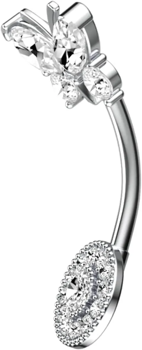 Stainless Steel Belly Rings, 2Pcs Dangling Navel Rings for Women Cubic Zirconia Studs 14G Hanging Belly Button Rings Butterfly