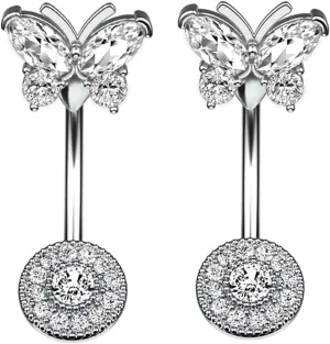 Stainless Steel Belly Rings, 2Pcs Dangling Navel Rings for Women Cubic Zirconia Studs 14G Hanging Belly Button Rings Butterfly