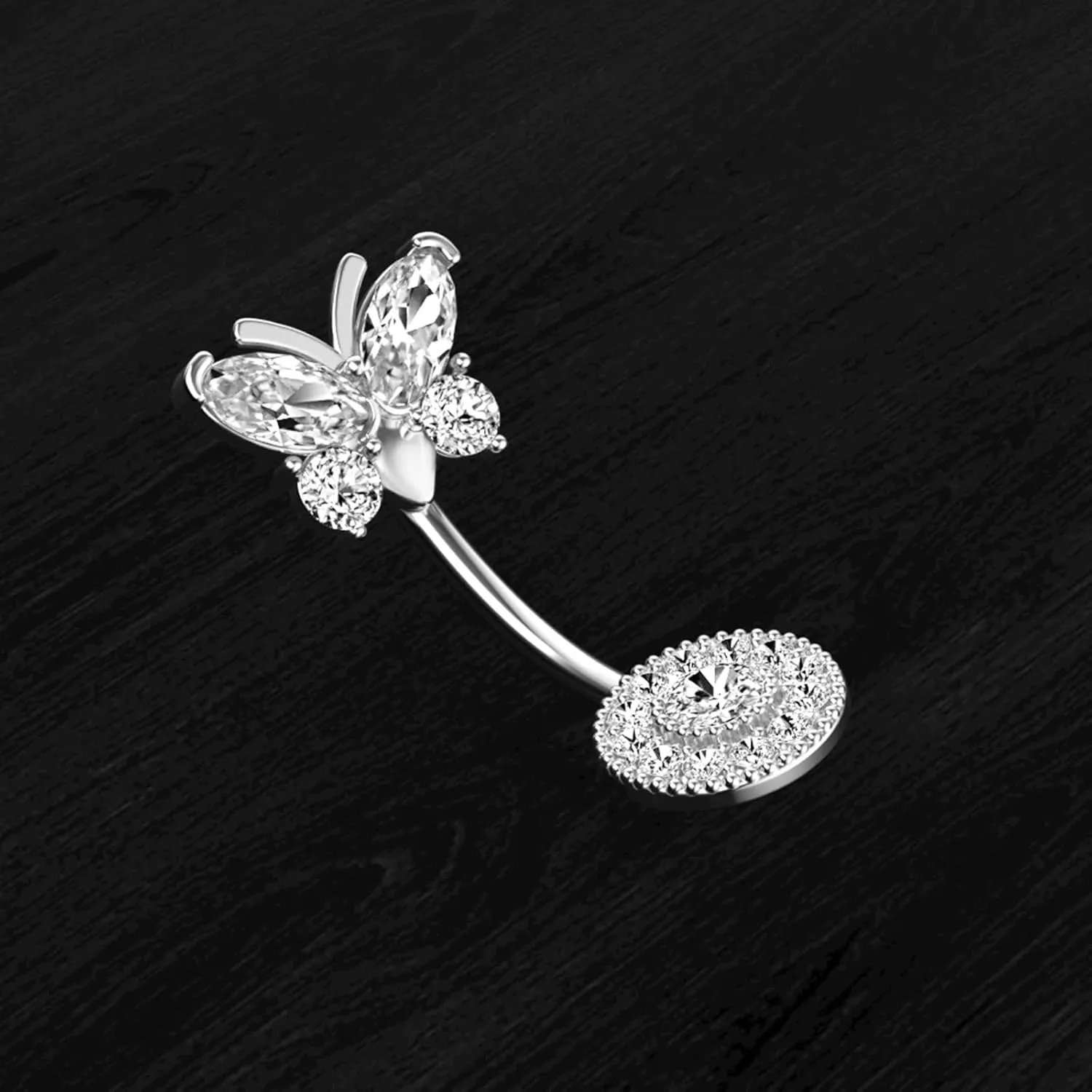 Stainless Steel Belly Rings, 2Pcs Dangling Navel Rings for Women Cubic Zirconia Studs 14G Hanging Belly Button Rings Butterfly