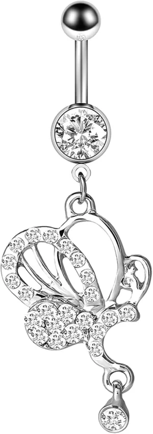 Stainless Steel Navel Ring, CZ Spiral Navel Rings for Women Butterfly Shaped Silver Belly Rings