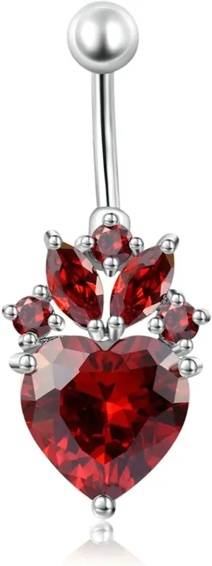 Stainless Steel Navel Rings for Women, CZ Rose Gold Navel Rings for Women Heart And Marquise Red Belly Rings