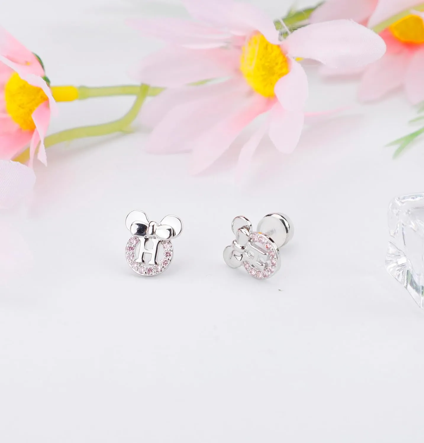 Staligue Initial Stud Earrings for Girls 925 Sterling Silver Pink Cubic Zirconia Alphabet Letter Earrings 14K Gold Plated Hypoallergenic Alphabet Initial Earrings