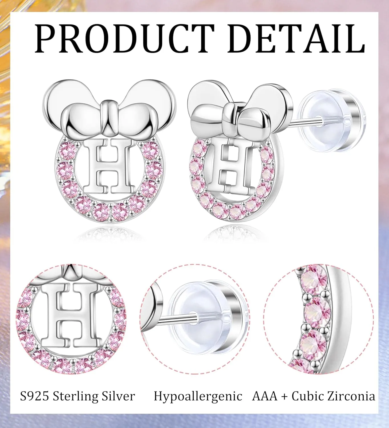 Staligue Initial Stud Earrings for Girls 925 Sterling Silver Pink Cubic Zirconia Alphabet Letter Earrings 14K Gold Plated Hypoallergenic Alphabet Initial Earrings
