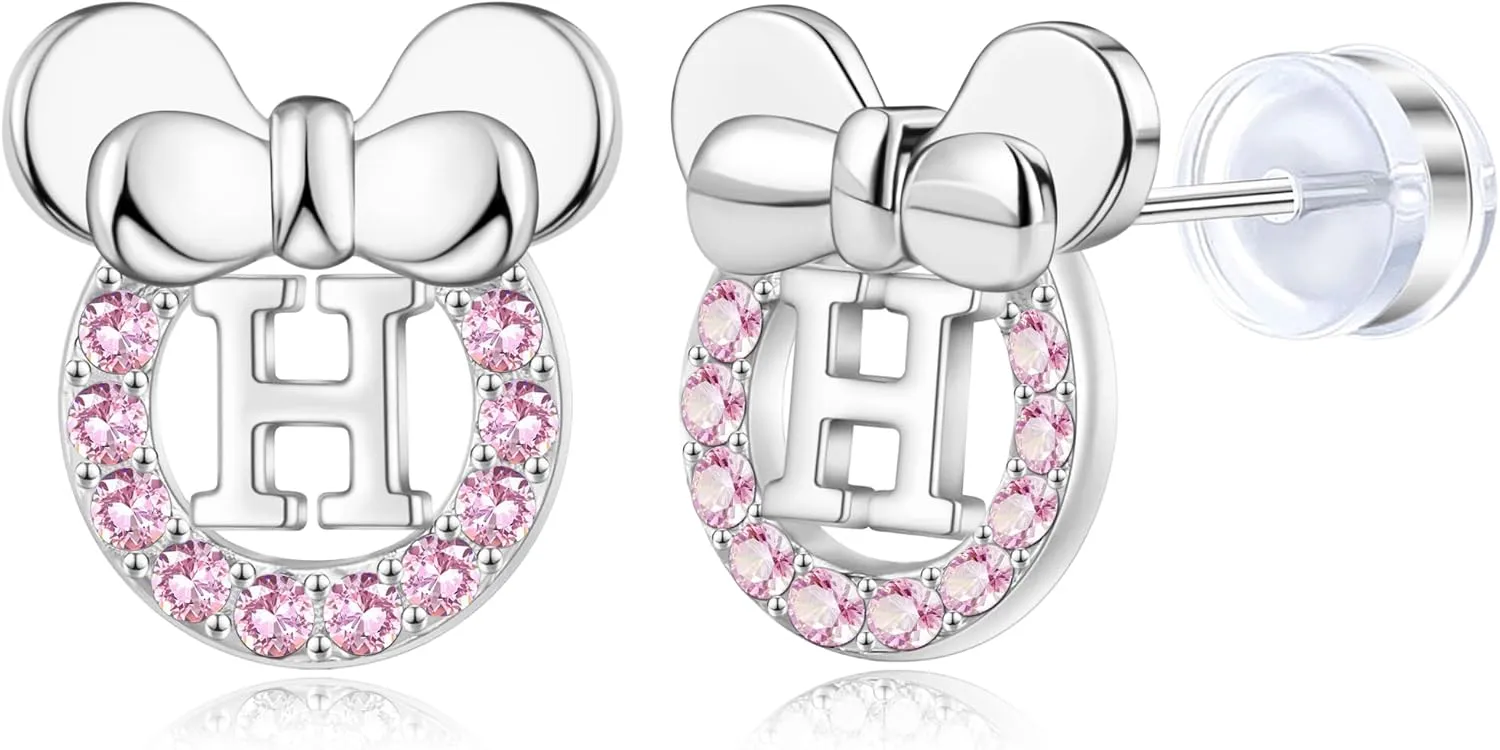 Staligue Initial Stud Earrings for Girls 925 Sterling Silver Pink Cubic Zirconia Alphabet Letter Earrings 14K Gold Plated Hypoallergenic Alphabet Initial Earrings