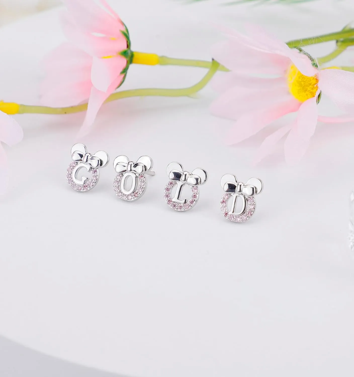 Staligue Initial Stud Earrings for Girls 925 Sterling Silver Pink Cubic Zirconia Alphabet Letter Earrings 14K Gold Plated Hypoallergenic Alphabet Initial Earrings