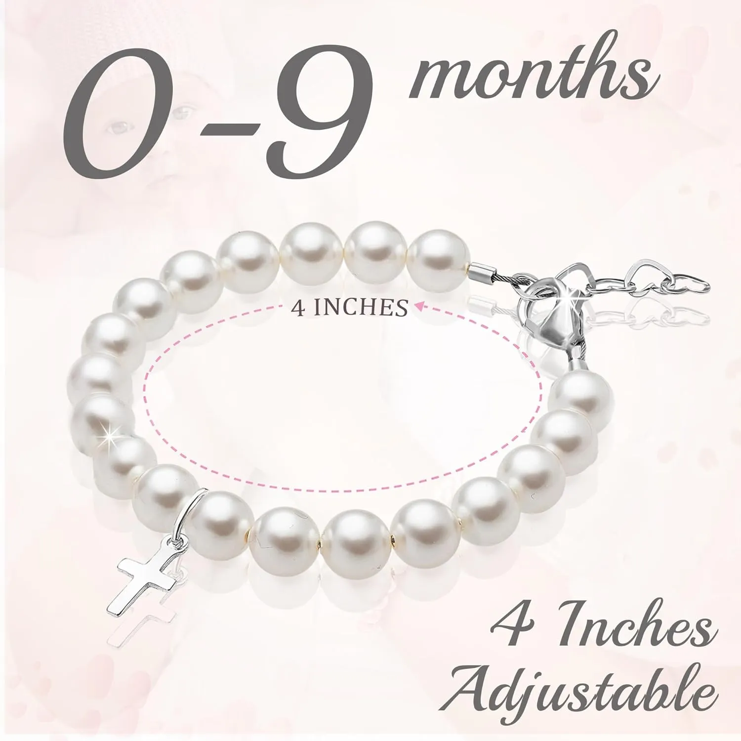 Sterling Silver Cross Charm Bracelet for Girls Christening, Baptism Gifts, Girls Jewelry with White Simulated Pearl Bracelets for Girl, Newborn, Infant, Toddler, Teens
