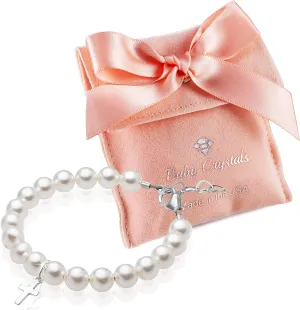 Sterling Silver Cross Charm Bracelet for Girls Christening, Baptism Gifts, Girls Jewelry with White Simulated Pearl Bracelets for Girl, Newborn, Infant, Toddler, Teens