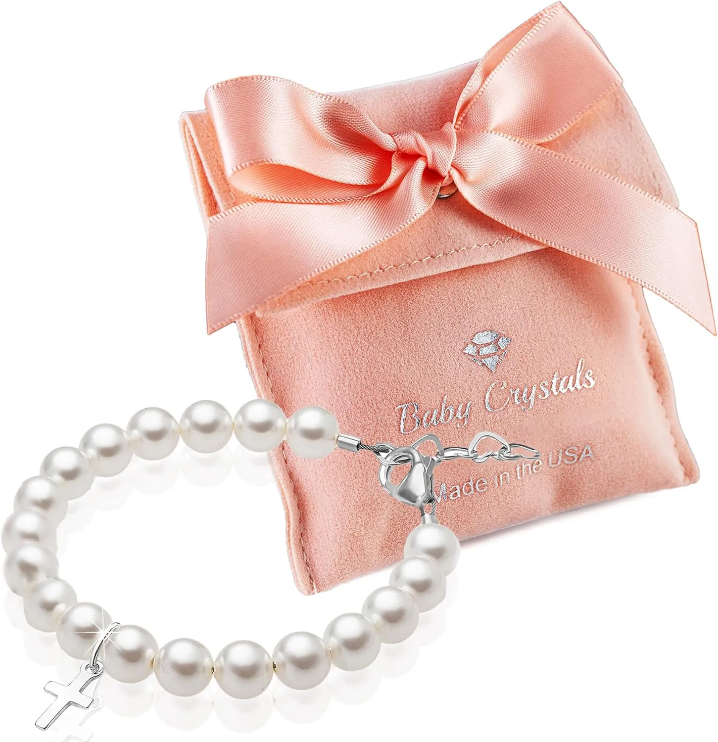 Sterling Silver Cross Charm Bracelet for Girls Christening, Baptism Gifts, Girls Jewelry with White Simulated Pearl Bracelets for Girl, Newborn, Infant, Toddler, Teens