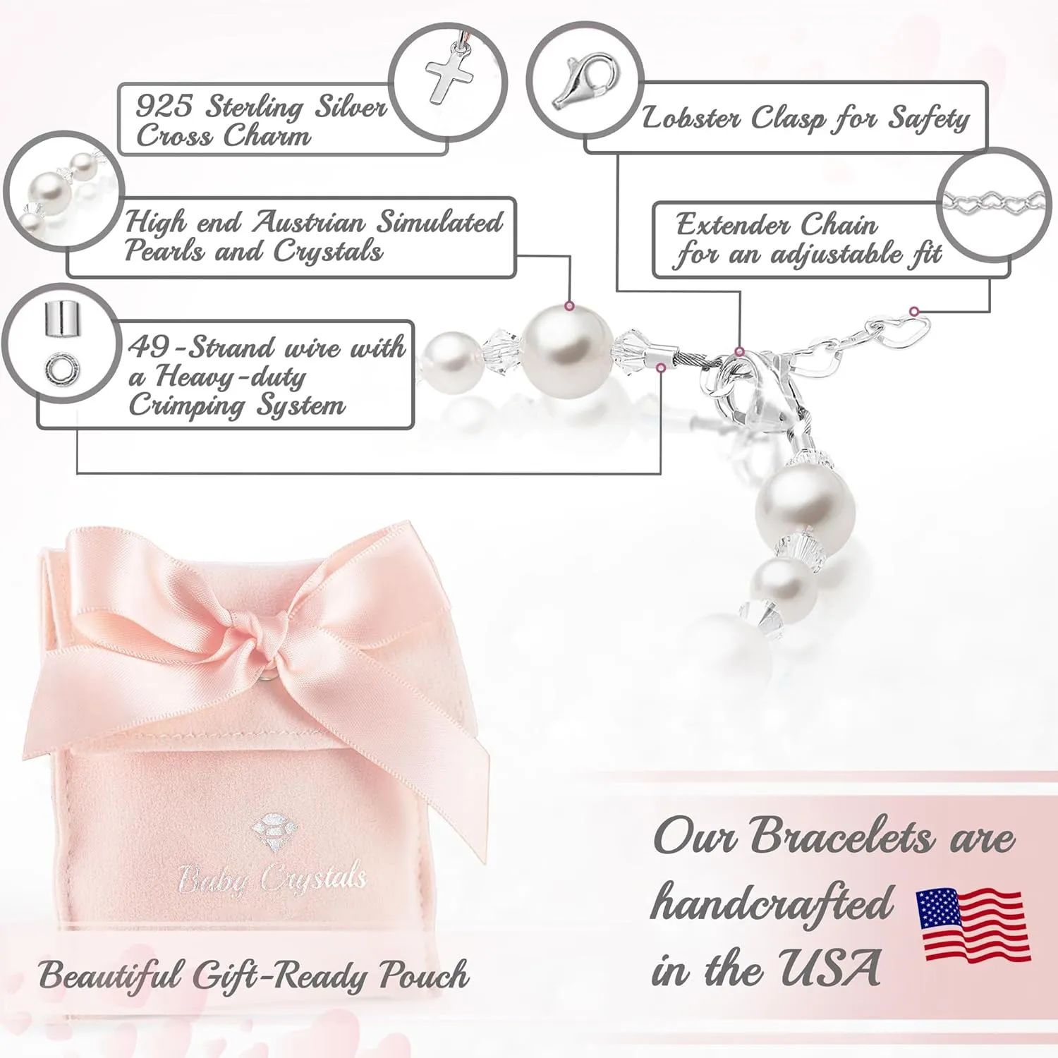 Sterling Silver Cross Charm Bracelet for Girls Christening, Baptism Gifts, Girls Jewelry with White Simulated Pearl Bracelets for Girl, Newborn, Infant, Toddler, Teens