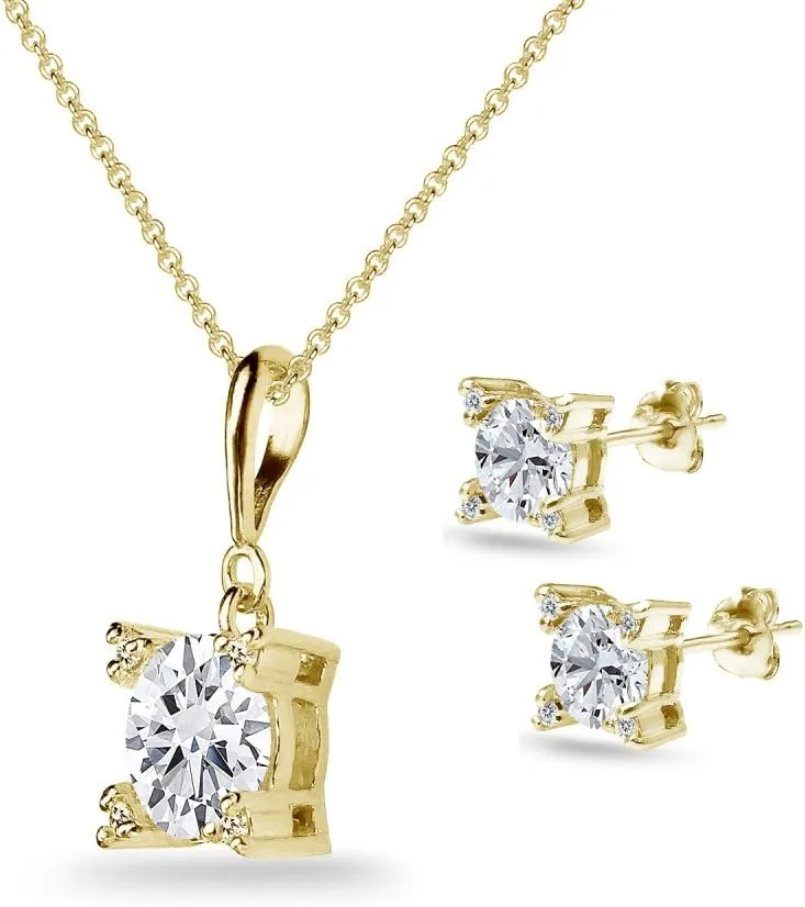 Sterling Silver Cubic Zirconia Studded Solitaire Necklace & Stud Earrings Set