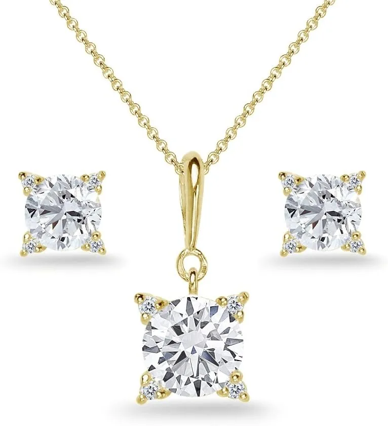 Sterling Silver Cubic Zirconia Studded Solitaire Necklace & Stud Earrings Set