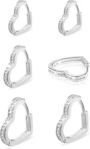 Sterling Silver Hoop Earrings Small Heart Huggie Hoop Earrings for Women Girls Cubic Zirconia Huggie Heart Earings Hypoallergenic Cute Silver Earring Set for Women 3 Pairs