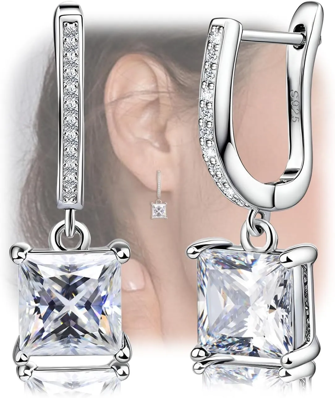Sterling Silver Hoop Earrings with Drop Dangle for Women Hypoallergenic Square Hoop Earrings with Charms Trendy Cubic Zirconia Loop Earring with Dangling Classic Earring for Lady Gift for Her Wife Mom