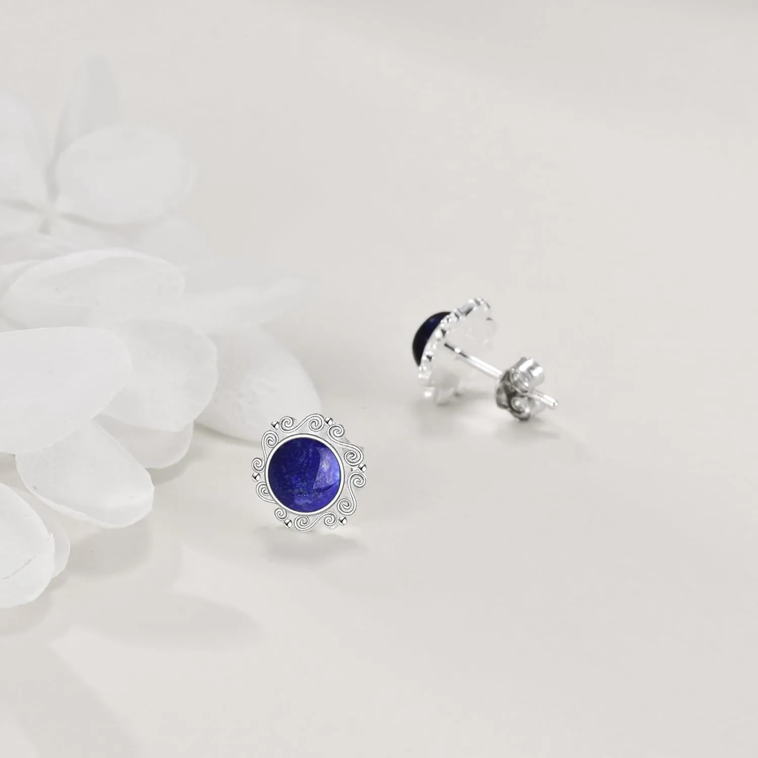 Sterling Silver Lapis Lazuli Larimar Black Onyx Moonstone Moss Agate Emerald Opal Stud Earrings Boho Jewelry Birthday Gifts for Women Girls