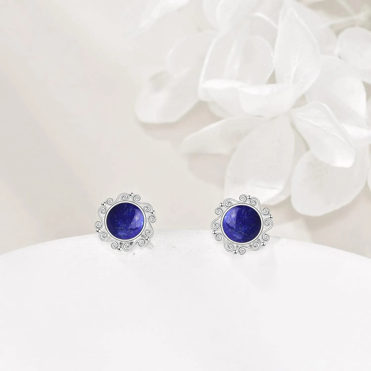 Sterling Silver Lapis Lazuli Larimar Black Onyx Moonstone Moss Agate Emerald Opal Stud Earrings Boho Jewelry Birthday Gifts for Women Girls