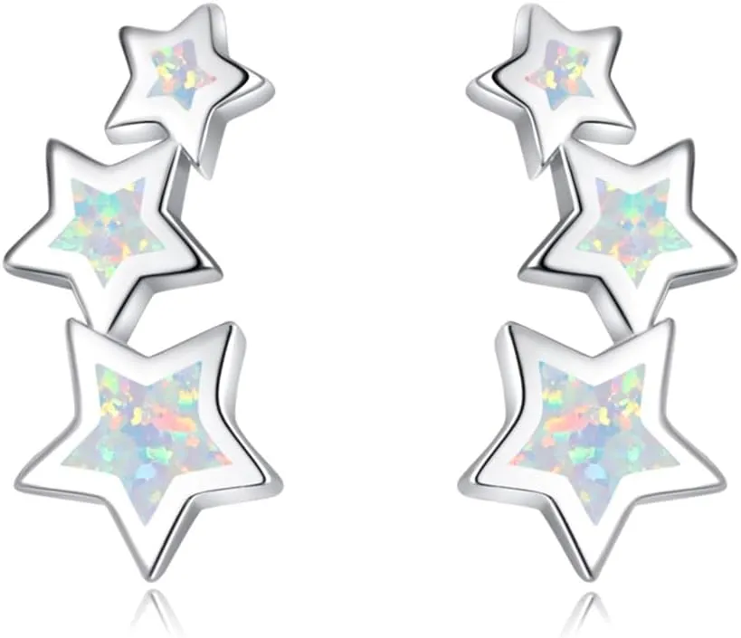 Sterling Silver Star Stud Earrings For Girls - Opal Cuff Ear Climber Earrings for Teens Girls Women Jewelry Gifts