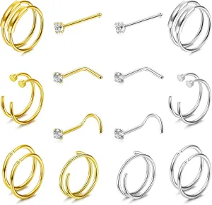 Subiceto 20Pcs 22G 20G 18G Surgical Steel Nose Rings Hoop Studs Double Hoop Ring Cartilage Earrings Body Piercing Jewelry 1.5mm 2mm 2.5mm CZ