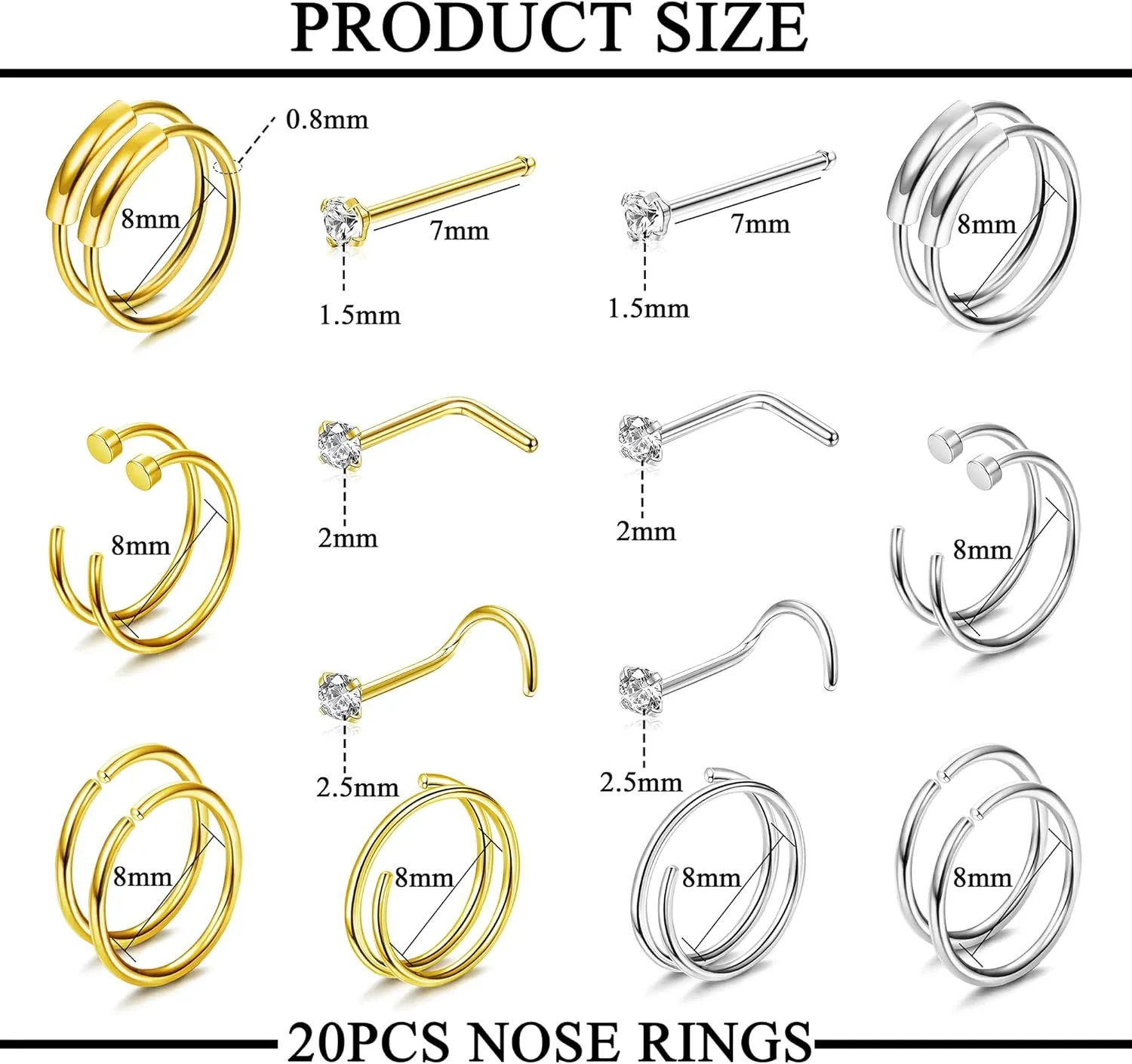 Subiceto 20Pcs 22G 20G 18G Surgical Steel Nose Rings Hoop Studs Double Hoop Ring Cartilage Earrings Body Piercing Jewelry 1.5mm 2mm 2.5mm CZ