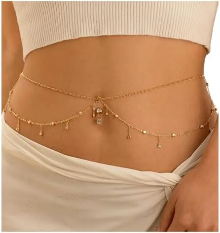 Summer Beach Multi-layer Crystal Belly Buttom Ring with Waist Chain Bikini Rhinestone Navel Piercing Dangle Belly Button Rings Waist Chain Sexy Belly Body Chain Jewelry for Women