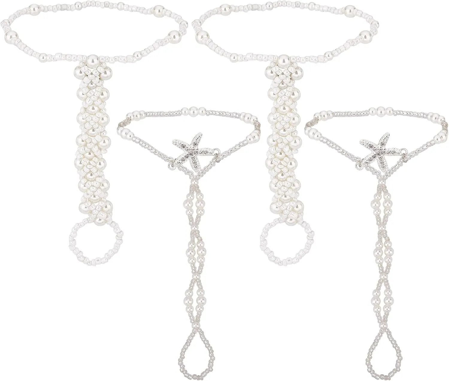 SUNNYCLUE 1 Box 4 Pcs Summer Beach Anklets Starfish Pearls Beaded Elastic Anklet Imitation Pearl Barefoot Sandal Chain Wedding Summer Beach Foot Chain Toe Ring Pearl for Women Party Accessories