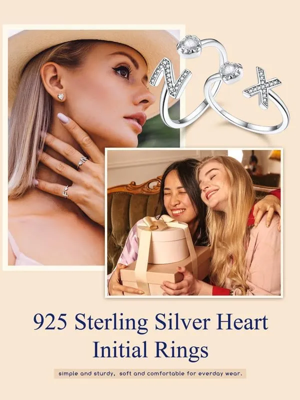 Suplight 925 Sterling Silver Heart Initial Rings for Women Capital Letter Initial Stackable Rings for Women Alphabet Letter Adjustable Heart Rings Rings Jewelry Gifts for Women