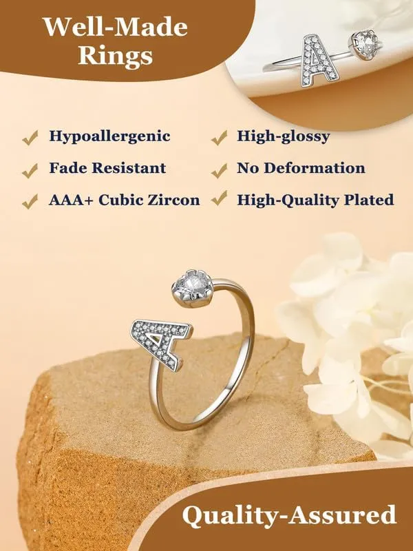 Suplight 925 Sterling Silver Heart Initial Rings for Women Capital Letter Initial Stackable Rings for Women Alphabet Letter Adjustable Heart Rings Rings Jewelry Gifts for Women
