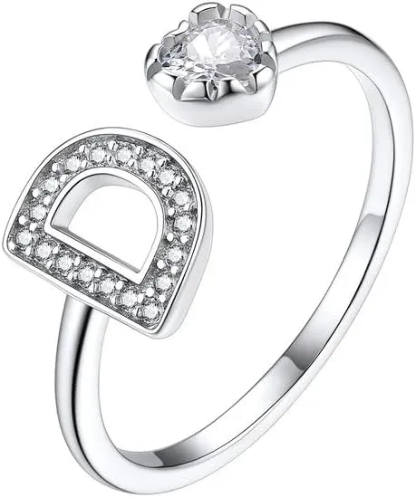 Suplight 925 Sterling Silver Heart Initial Rings for Women Capital Letter Initial Stackable Rings for Women Alphabet Letter Adjustable Heart Rings Rings Jewelry Gifts for Women