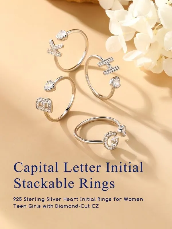 Suplight 925 Sterling Silver Heart Initial Rings for Women Capital Letter Initial Stackable Rings for Women Alphabet Letter Adjustable Heart Rings Rings Jewelry Gifts for Women