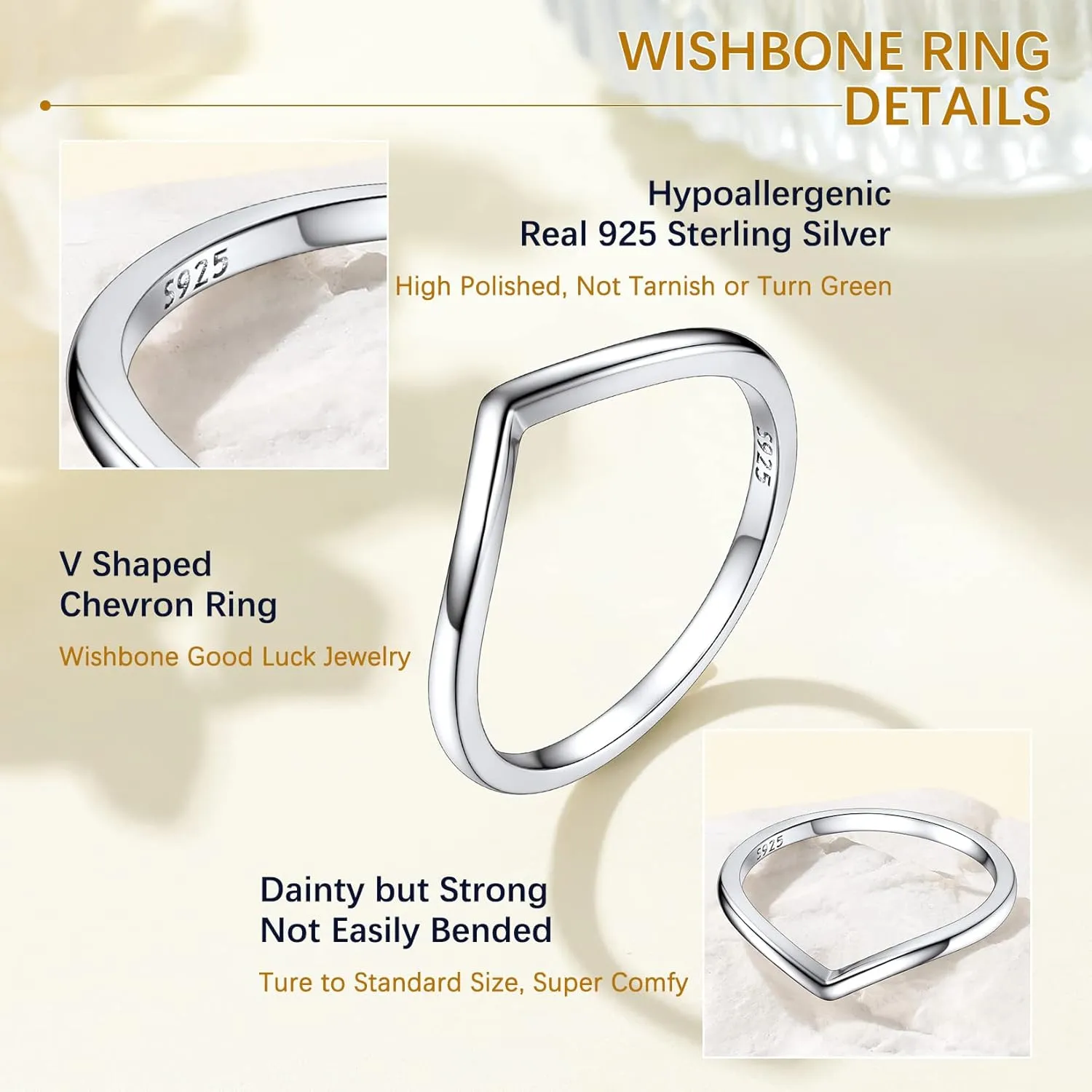 Suplight 925 Sterling Silver Wishbone Ring Dainty V Shaped Chevron Wedding Band Love Engagement Promise Ring for Women (with Gift Box)