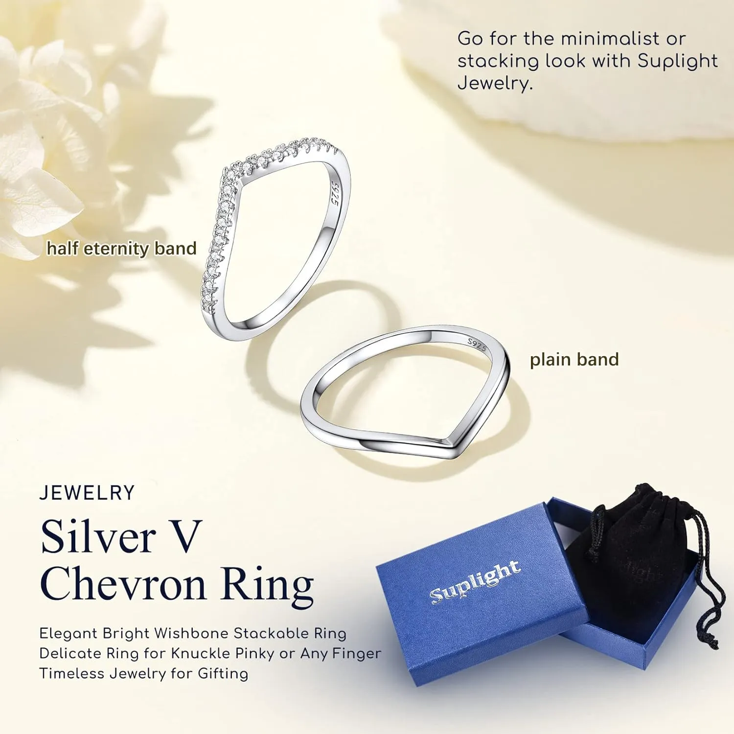Suplight 925 Sterling Silver Wishbone Ring Dainty V Shaped Chevron Wedding Band Love Engagement Promise Ring for Women (with Gift Box)