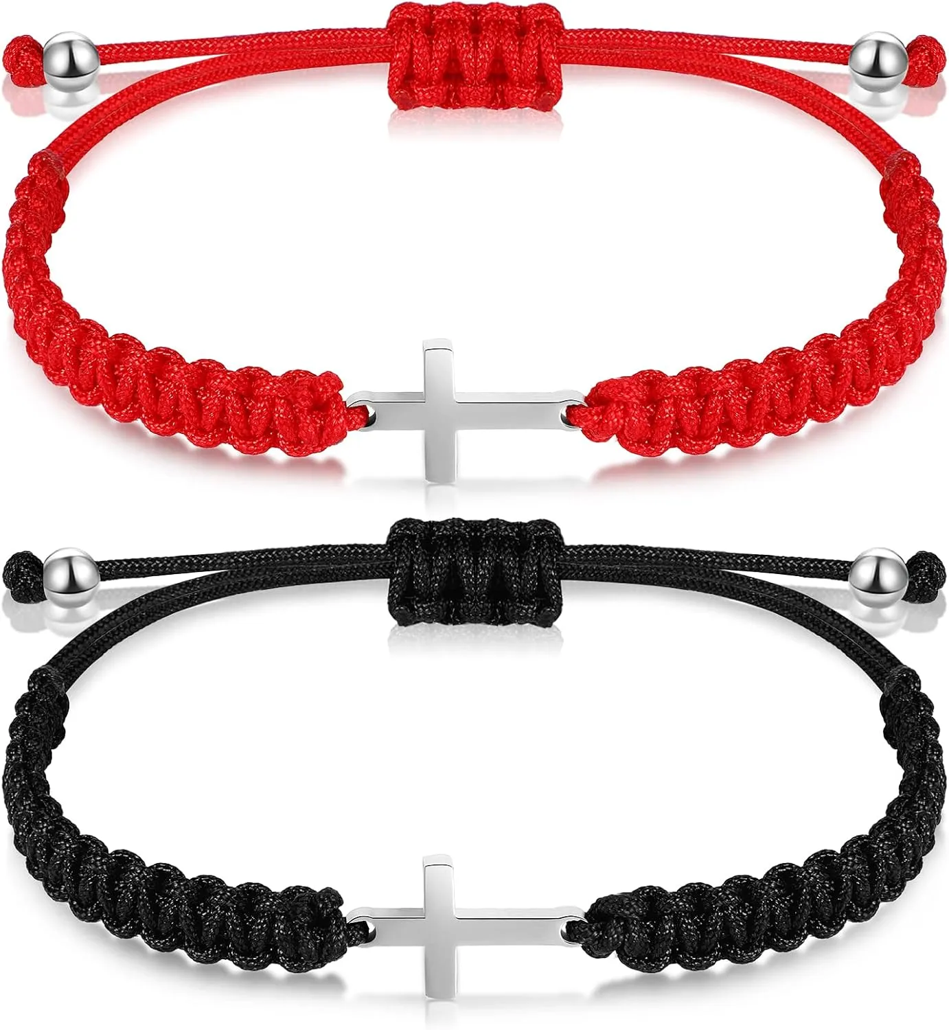Sureio 2 Pcs Friendship Cross Bracelet String Rope Braided Bracelet Cross Charm Adjustable Handmade Matching Couple Bracelets for Women Men Brother Kabbalah Strand Lucky BFF Bracelets (Red/Black)