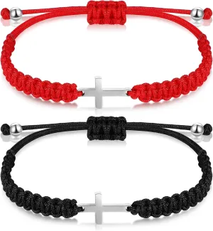Sureio 2 Pcs Friendship Cross Bracelet String Rope Braided Bracelet Cross Charm Adjustable Handmade Matching Couple Bracelets for Women Men Brother Kabbalah Strand Lucky BFF Bracelets (Red/Black)
